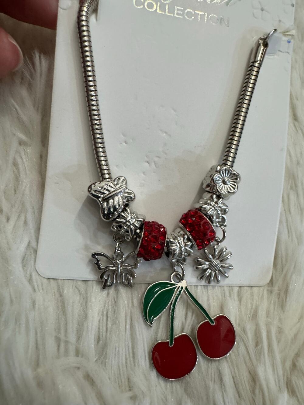 silver charm bracelet red cherry, butterfly, red rhinestone beads adjustable